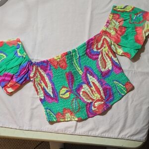 GB Gianni Bini Tropical Multicolor Floral Smocked Crop Top W Cap Puff Sleeves Sm